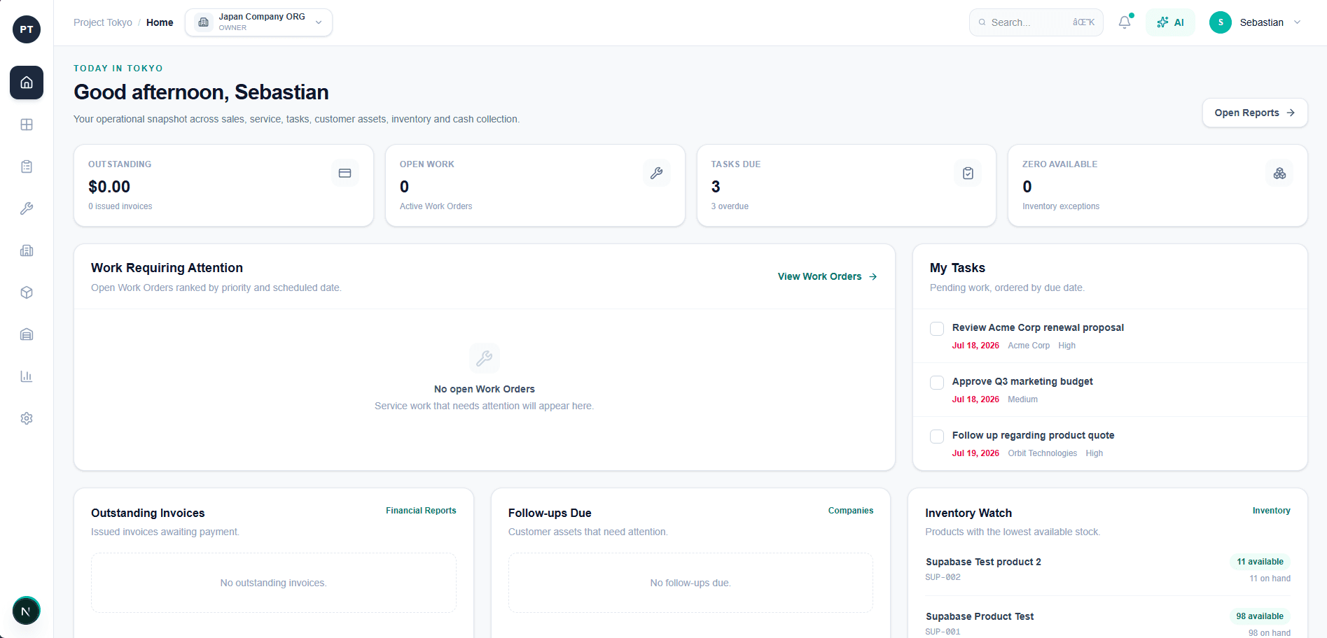Project Tokyo operational dashboard interface